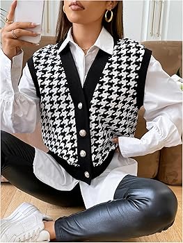 Amazon.com: WDIRARA Women's Houndstooth Button Down V Neck